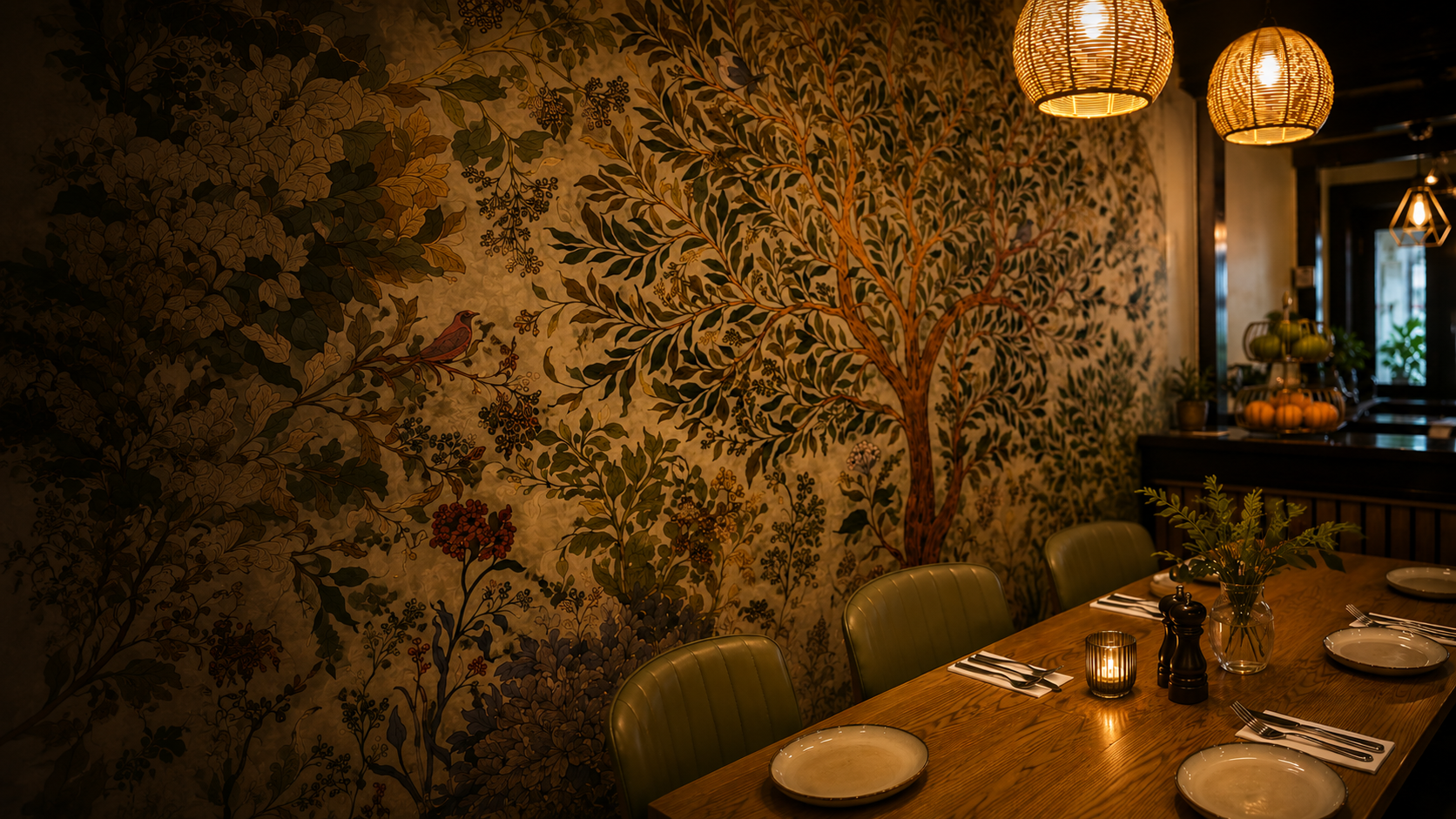 Candlelit restaurant table in a dark green dining room in the evening