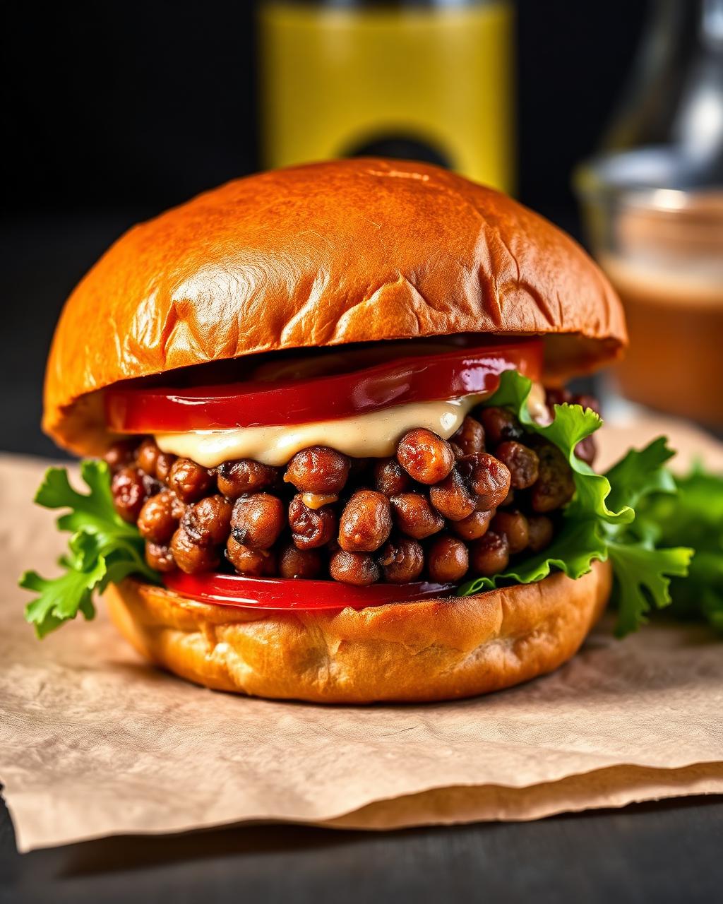House-made bean burger in a toasted bun with lettuce and house sauce