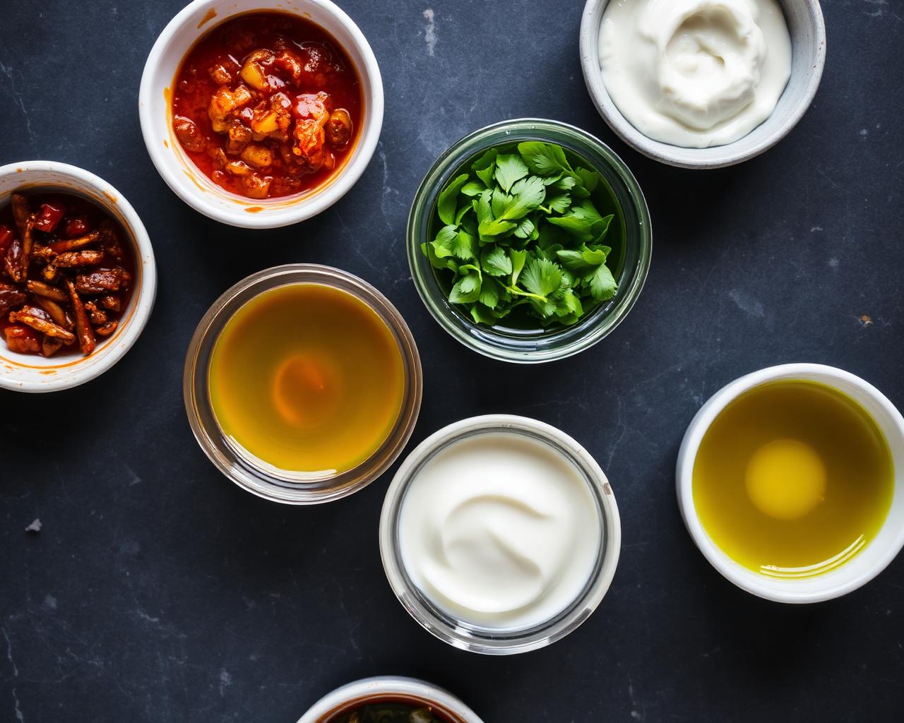 Small bowls of house-made chutneys, dressings and sauces on a dark surface