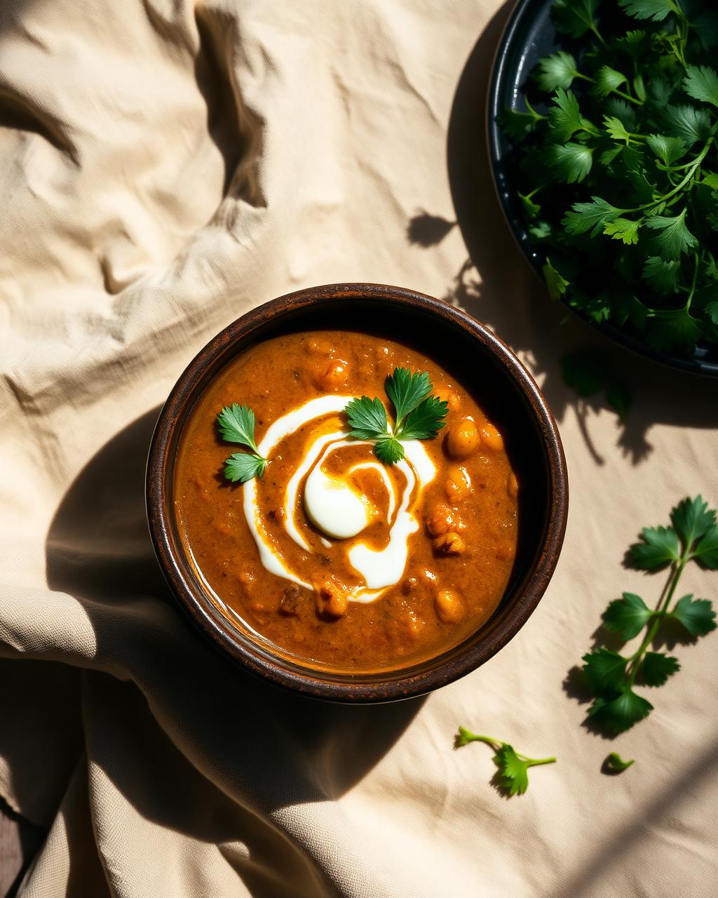Dal makhani in a dark bowl finished with cream and coriander
