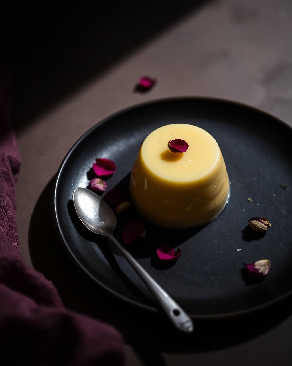 Vegetarian dessert set on a dark plate with rose petals