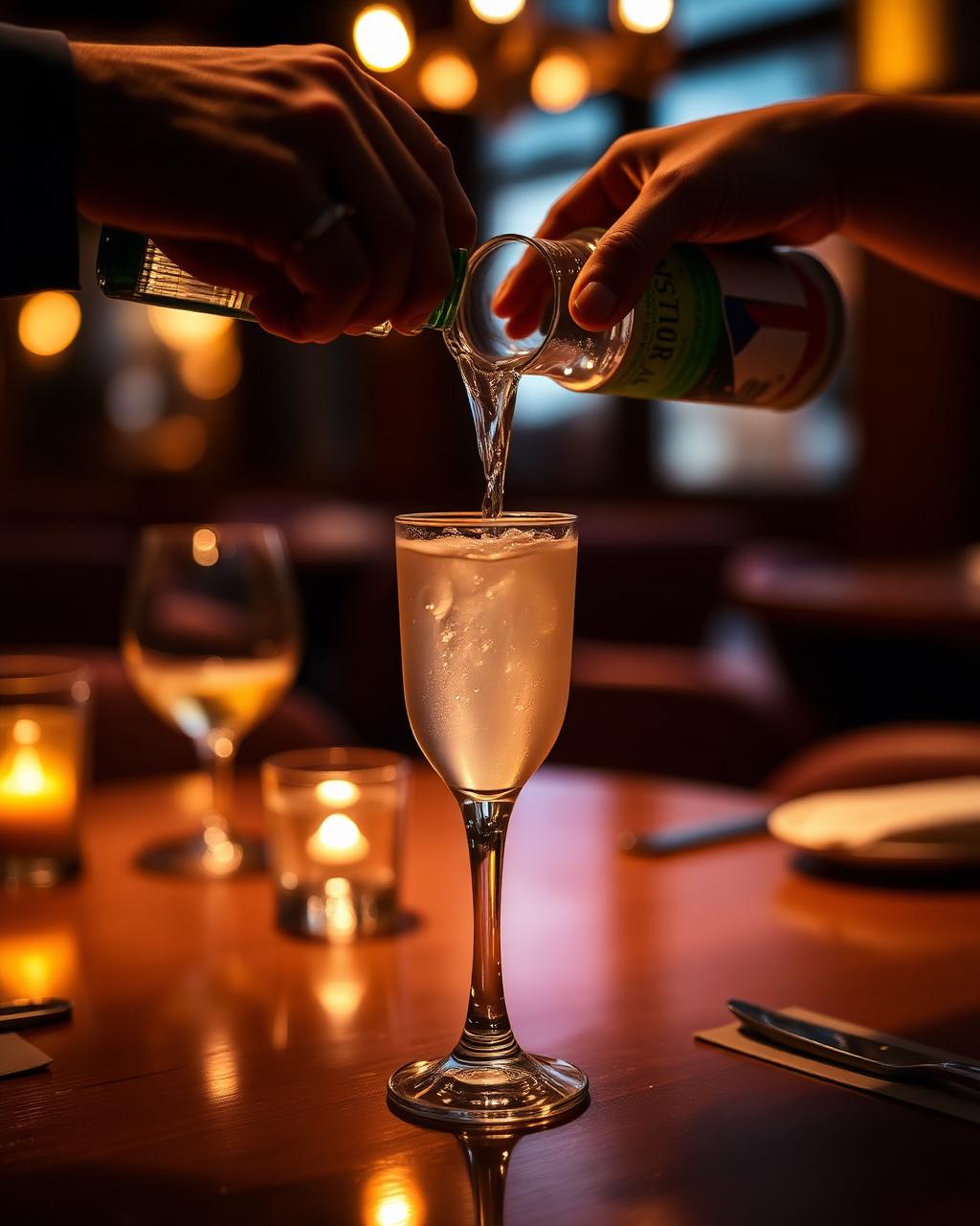 A drink being poured at a restaurant table in warm evening light