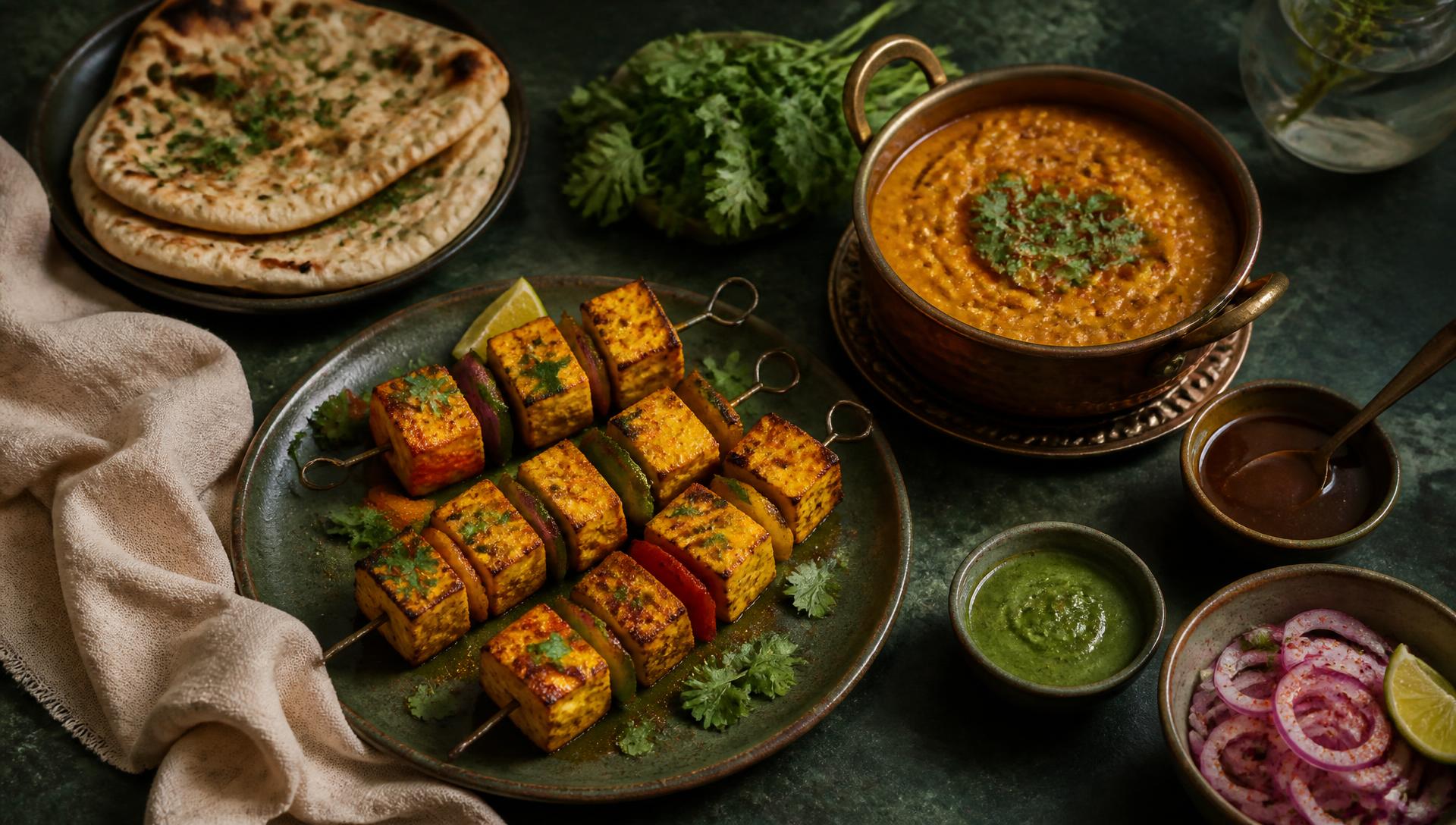 Overhead view of a vegetarian table at Sevana: paneer skewers, dal, flatbreads and house chutneys