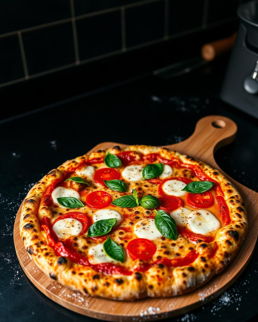 Vegetarian sourdough pizza with tomato, mozzarella and basil on a wooden peel