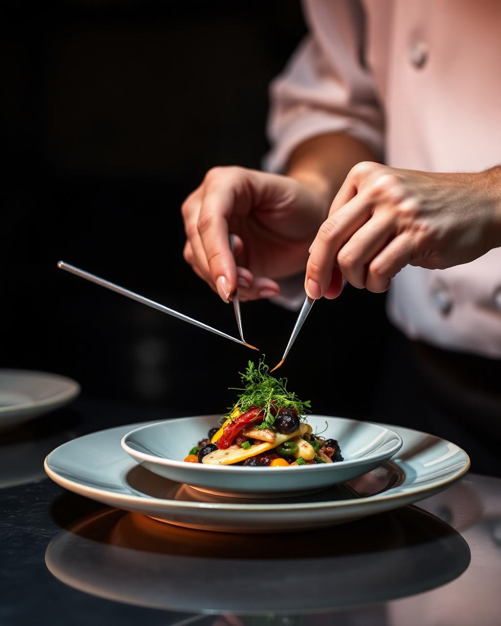 Chef finishing a contemporary vegetarian dish with micro herbs