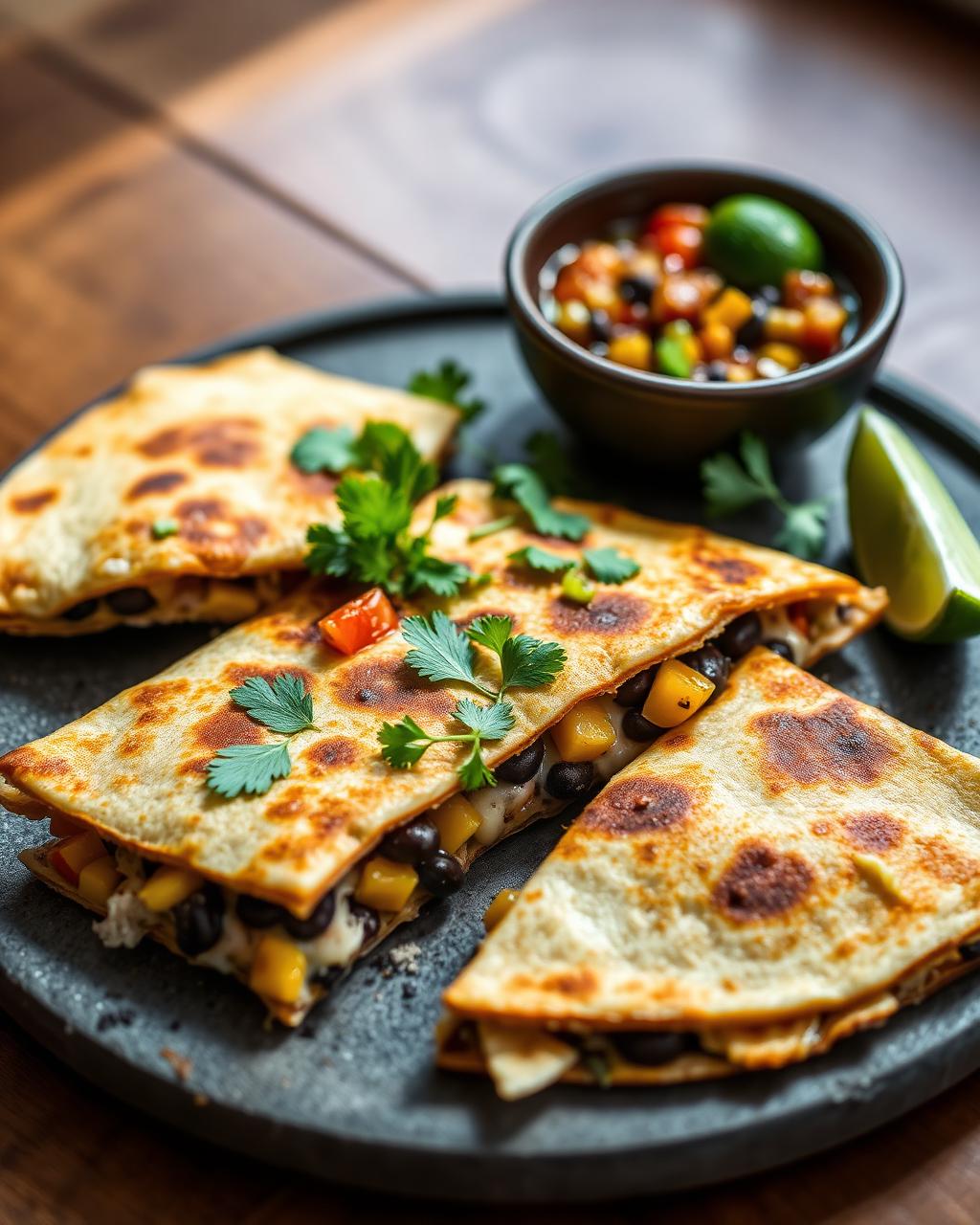 Vegetarian quesadilla wedges with black beans, corn and salsa