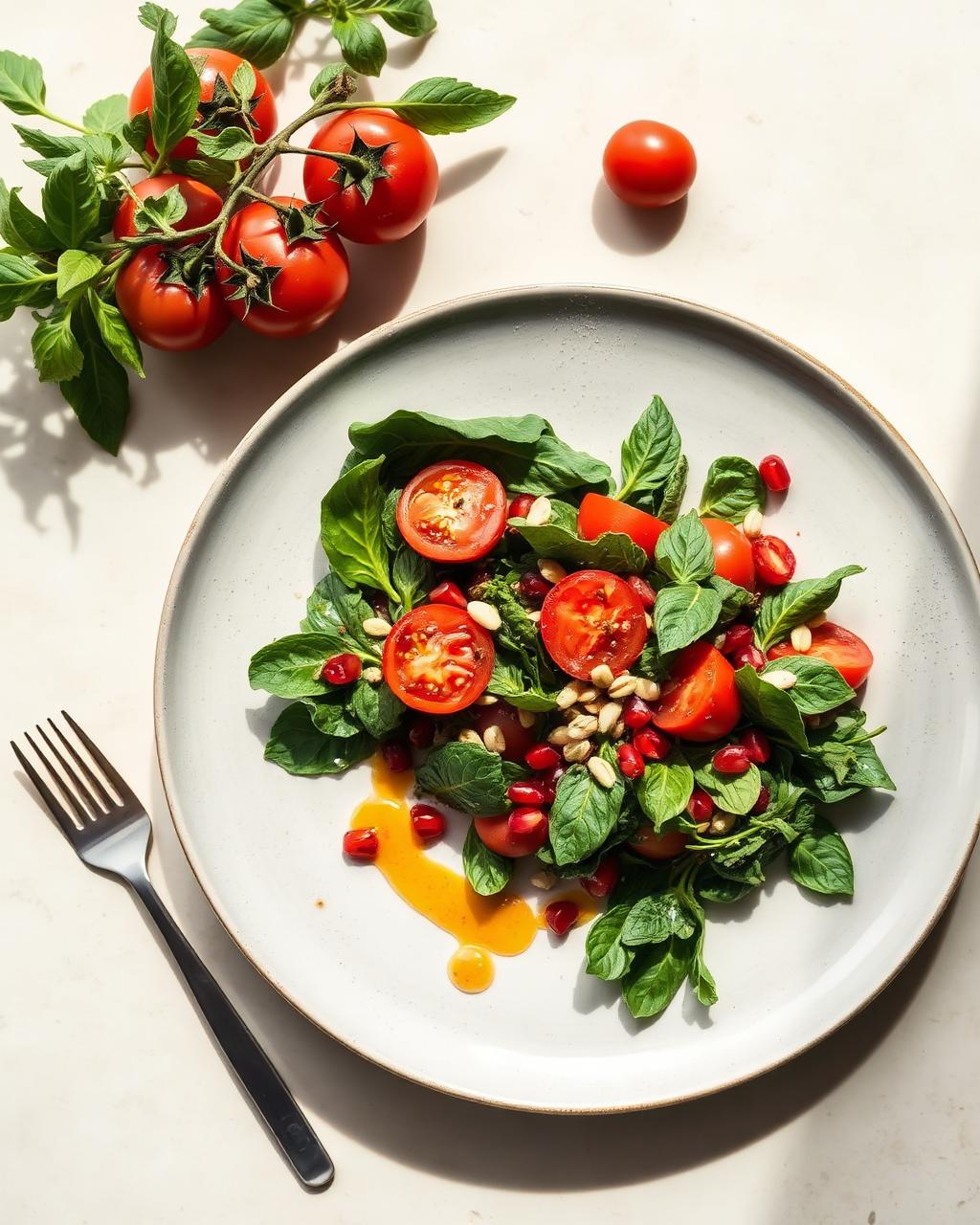 Seasonal salad with heritage tomatoes, herbs, seeds and pomegranate