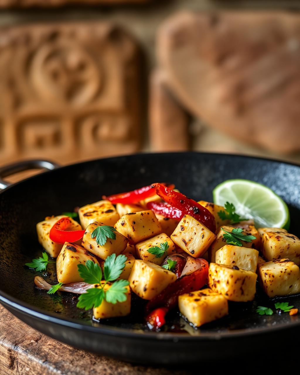 Tawa paneer with charred peppers and coriander in a cast iron pan